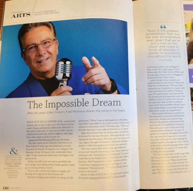 Man holding microphone, magazine article spread.